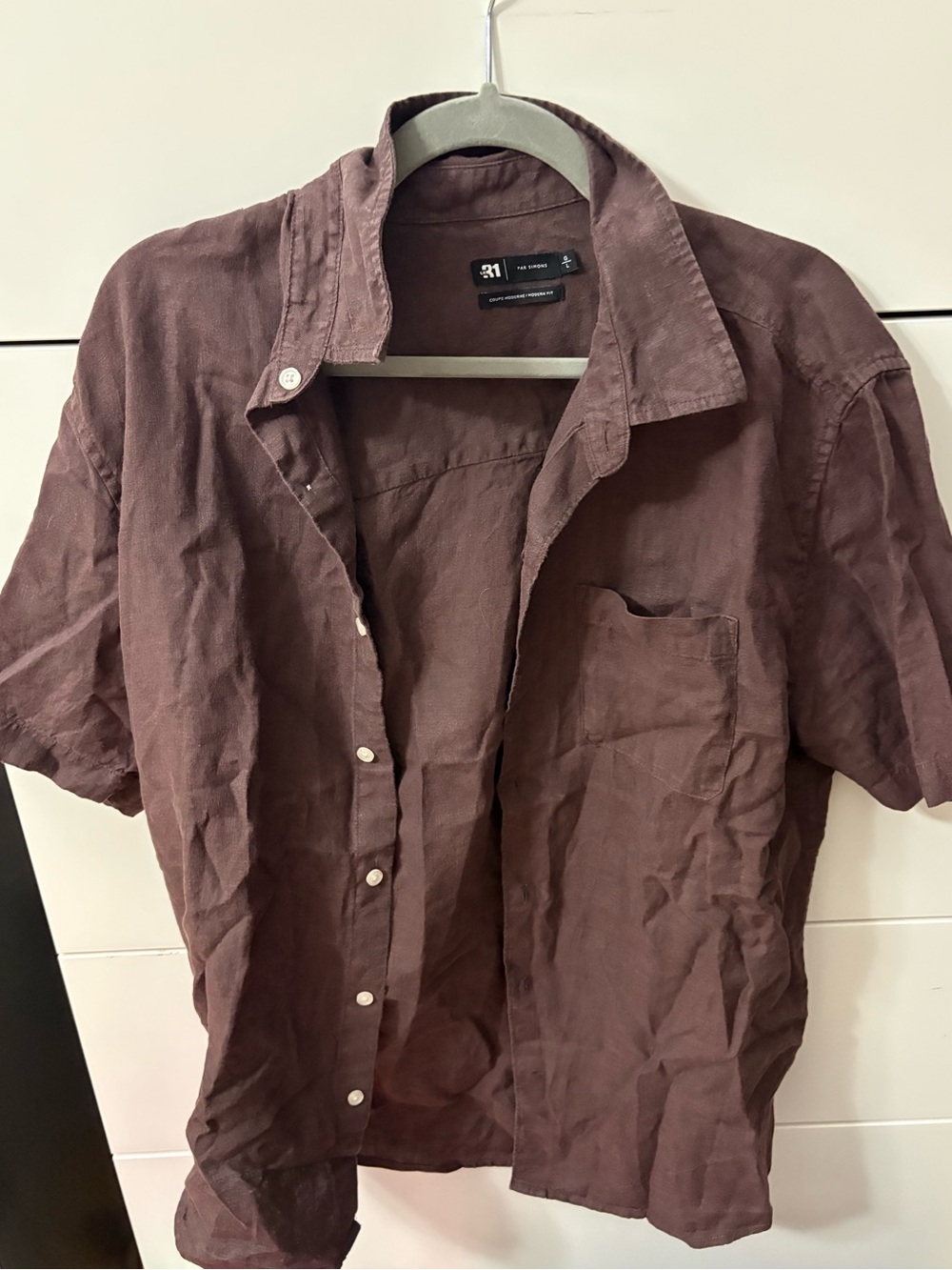 LE3 Simons - Mens Casual Short-Sleeve Button-Down Shirt in Plum